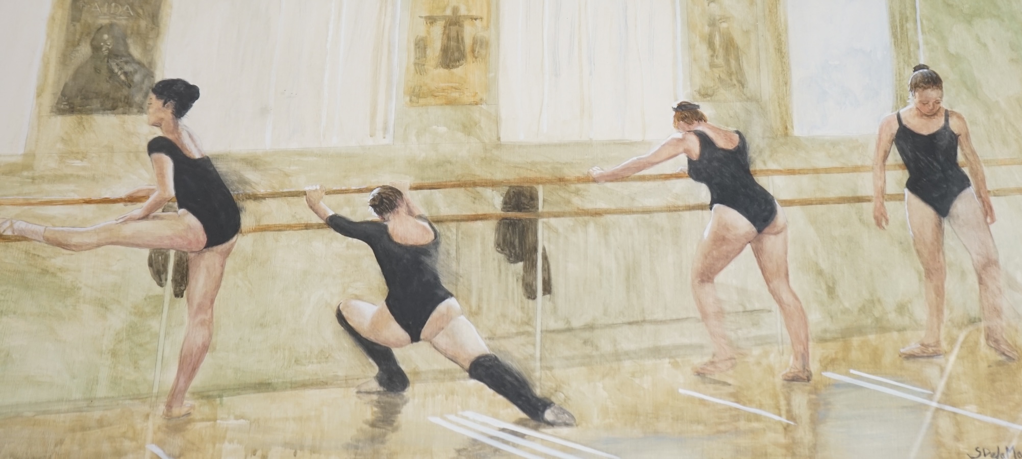 S. de la Mare, mixed media and heightened watercolour, Study of four ballet dancers, signed, 33 x 67cm. Condition - good